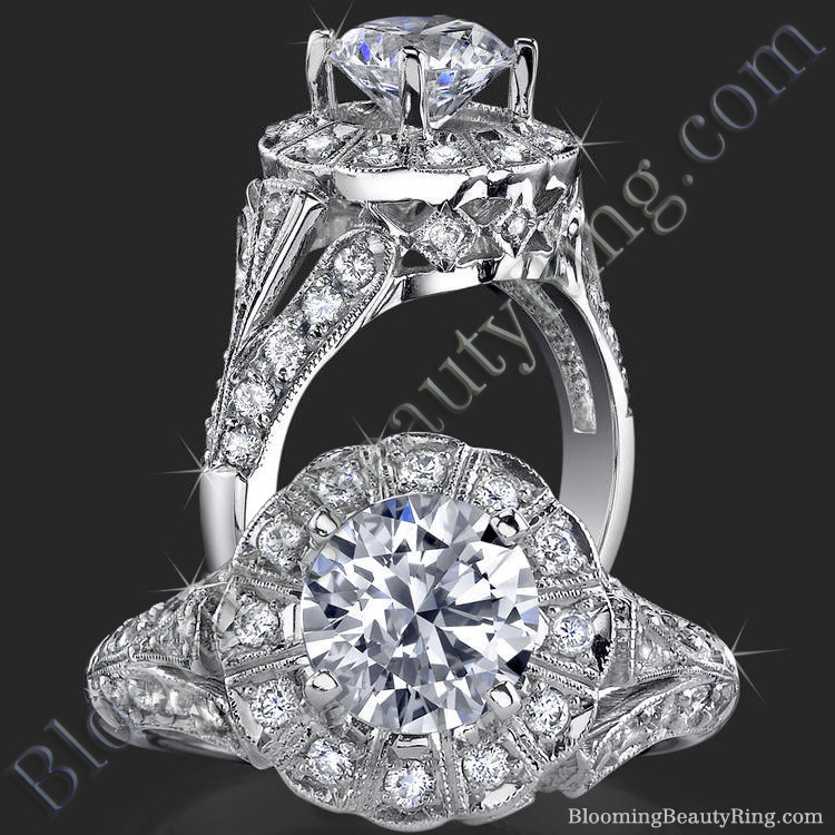 Antique Style Fanned Diamond Halo Engagement Ring
